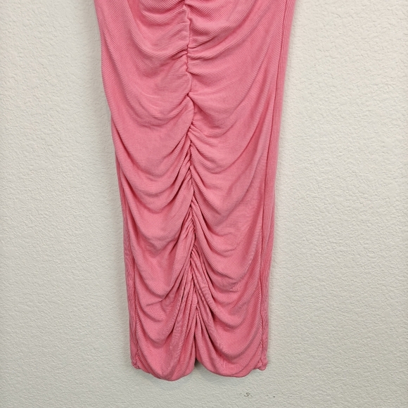 L*SPACE NWOT Lani Mini Ruched V-neck Ribbed Dress In Guava Pink Size Small - Picture 5 of 14